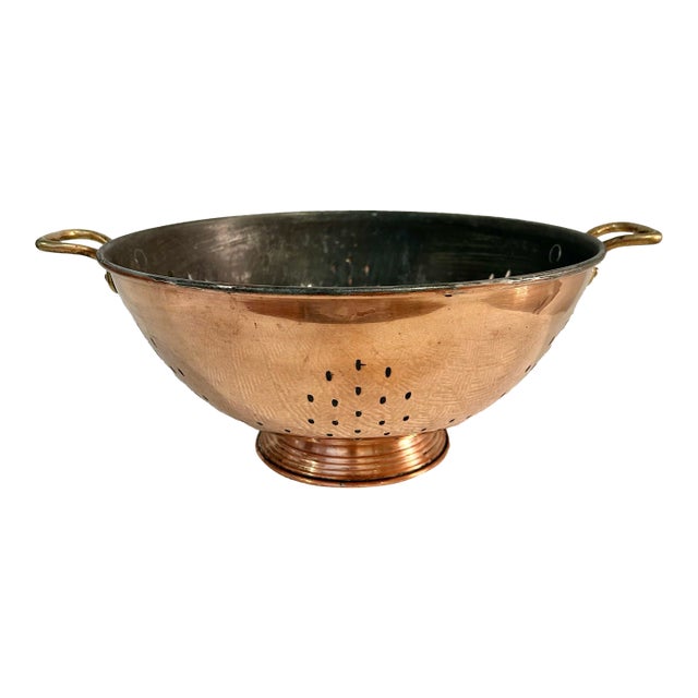 Vintage 1940’s-1960’s Copper Colander by Waldow Brooklyn With Brass Handles | American Handcrafted Kitchenware For Sale