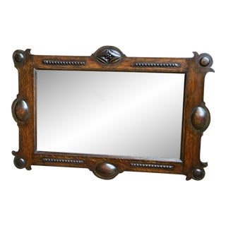 Antique English Beveled Wall Mirror Carved Oak Frame Jacobean Arts & Crafts For Sale