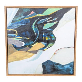 Framed Abstract Modern Painting With Bold Blue and Yellow Accents For Sale