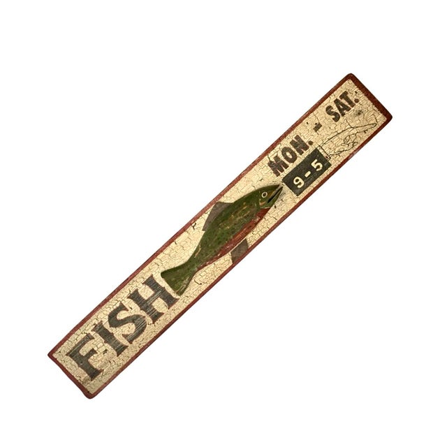 Wood Late 20th Century Fishing Sign Large Wood With Trout 3d Design Cracked Paint Finish Vintage Cabin Decor For Sale - Image 7 of 8