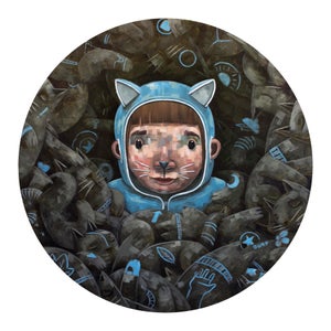 Diane in the Purr by Nathan Durfee | Oil on panel Child in a cat costume surrounded by playful cats.