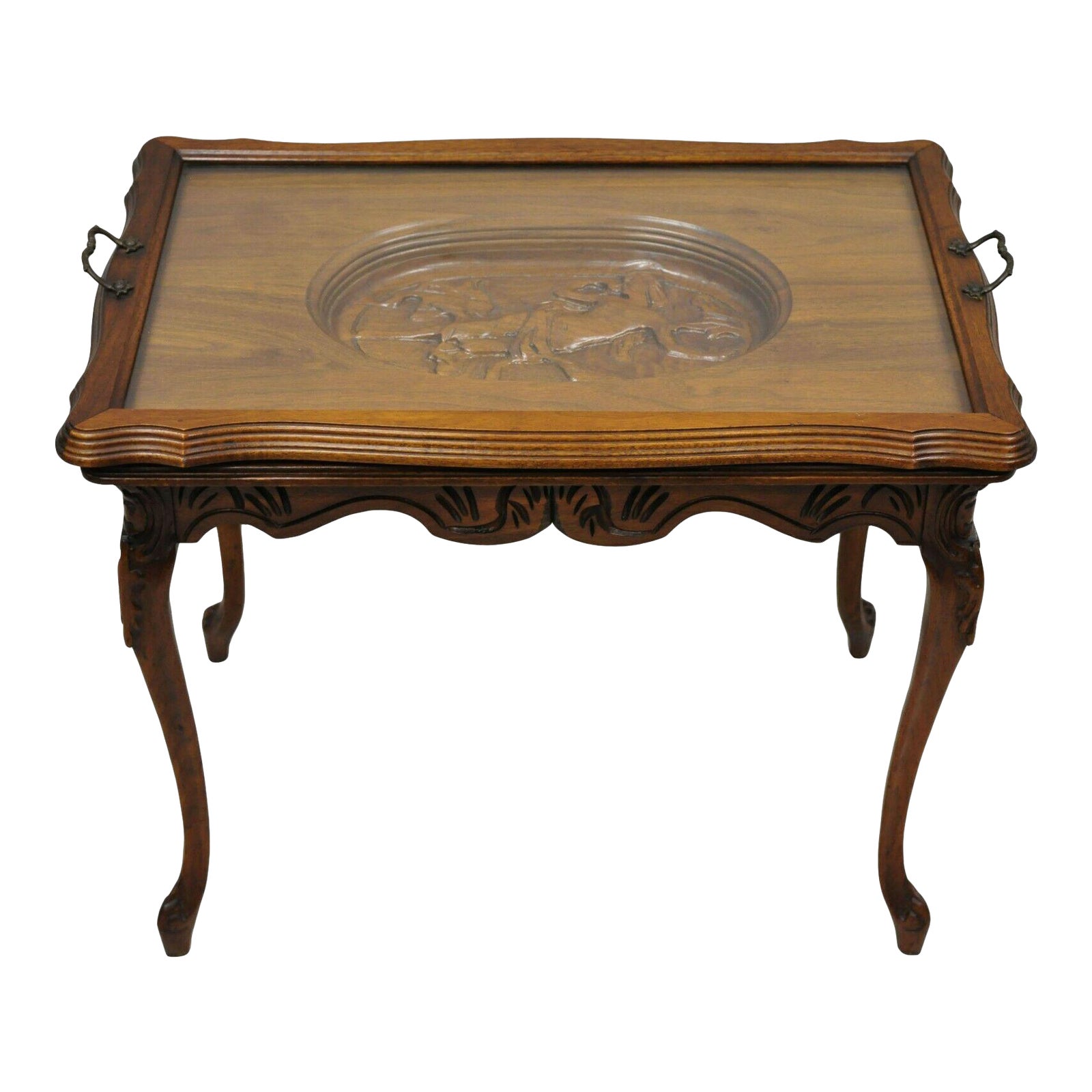 Antique French Louis Xv Style Small Walnut Glass Tray Top Figural Coffee Table Chairish