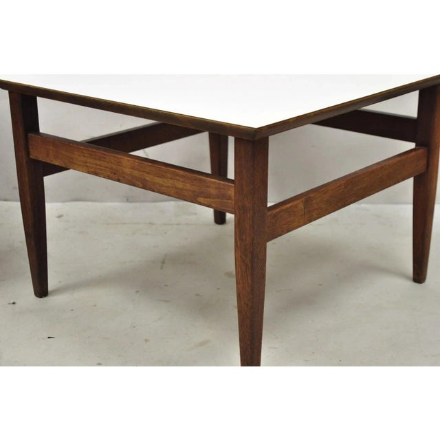 Wood Vintage Mid Century Modern Walnut Base Laminate Top Low Side Tables - A Pair For Sale - Image 7 of 10