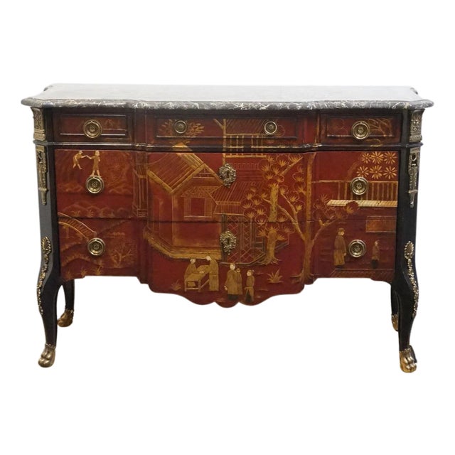 Maitland Smith Asian Chinoiserie Inspired Louis XV 50" Red & Gold Lacquered Three Drawer Chest W. Granite Top For Sale