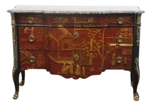 Maitland Smith Asian Chinoiserie Inspired Louis XV 50" Red & Gold Lacquered Three Drawer Chest W. Granite Top