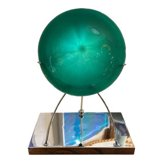 Green Hand Blown Glass Disk and Chrome Tabletop Lamp For Sale