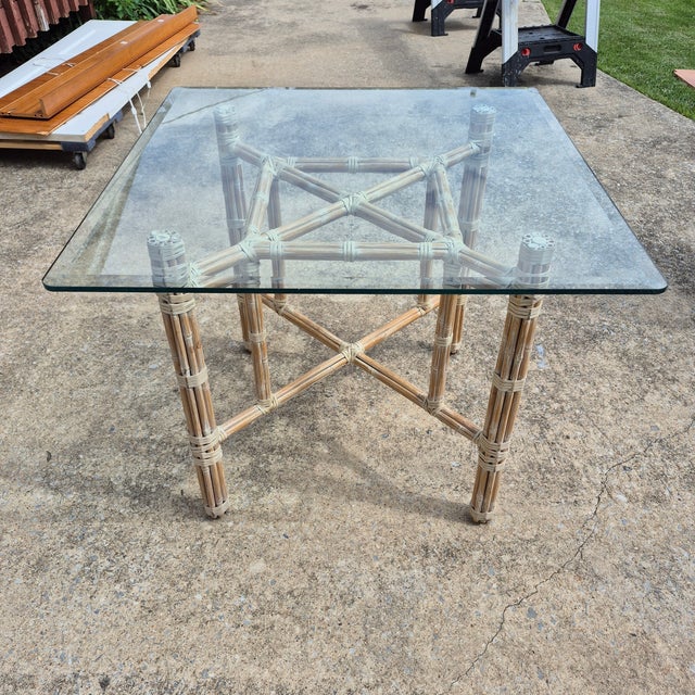 1970s McGuire Attributed Organic Modern Square Glass Top Rattan Rawhide Base Dining Table For Sale In Washington DC - Image 6 of 13