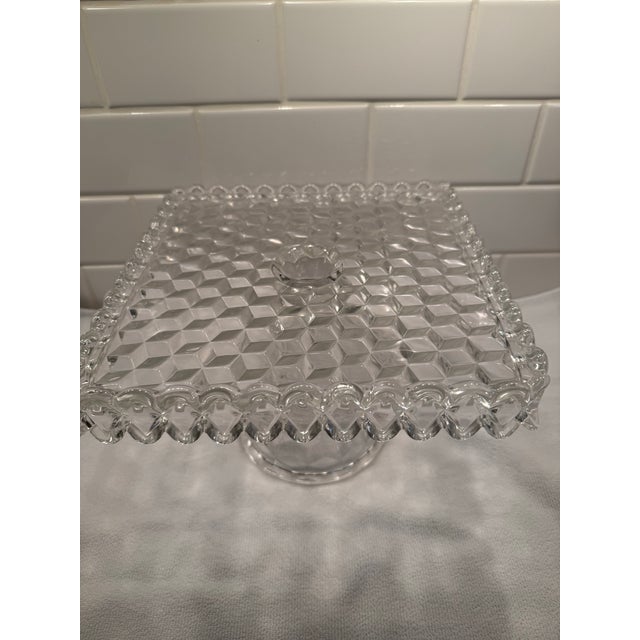 American Vintage Fostoria American Clear Cubist Glass Square Pedestal Cake Stand With Rum Well For Sale - Image 3 of 10