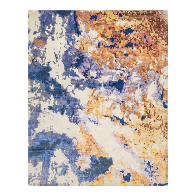 Multicolored Contemporary Wool and Silk Rug With Abstract Design For Sale