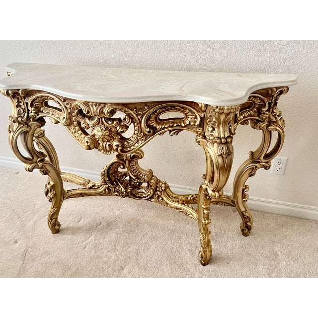 French Louis XV Style Vintage Giltwood Rococo Carved Console Table. For Sale - Image 4 of 15