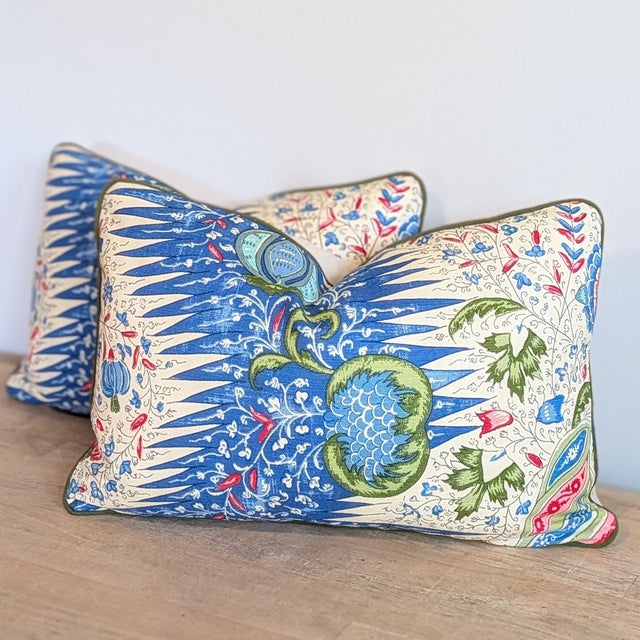 Not Yet Made - Made To Order Quadrille Les Indiennes Lumbar Pillows in Blue, Rouge and Green With Green Cord For Sale - Image 5 of 7