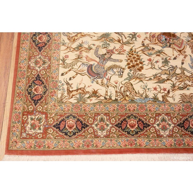 Nazmiyal Collection 1950s Pictorial Hunting Scene Vintage Persian Silk Qum Rug For Sale In New York - Image 6 of 8