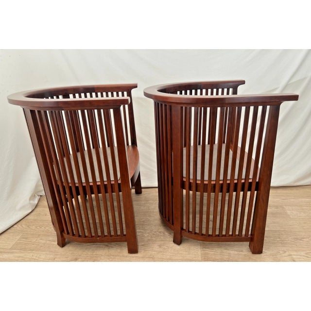 Stickley Rare Set of Stickley Lounge Chairs Spindle Barrel Back Solid Cherry Leather Seat For Sale - Image 4 of 18