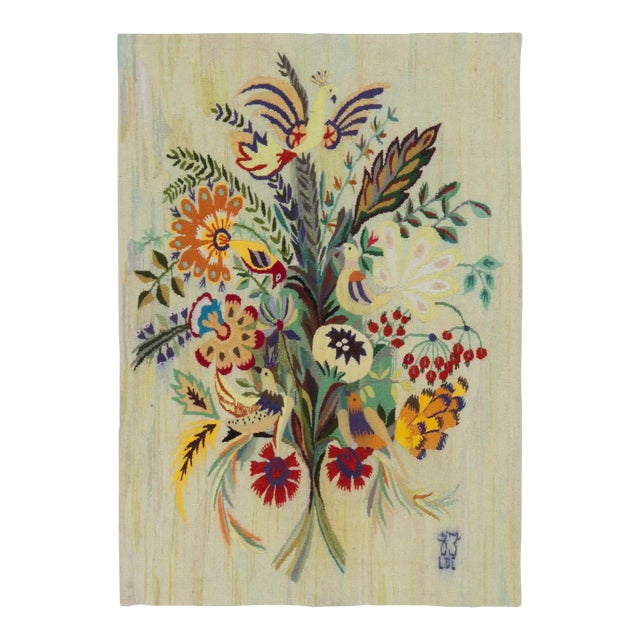 Signed Aline Leduc-Durand Aubusson Tapestry, Folk Floral Bouquet - Rug & Kilim For Sale