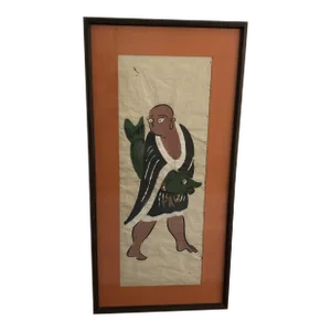 Early 20th Century Vintage Otsu-E Japanese Woodblock Print Man With Green Fish Framed Mat Under Glass