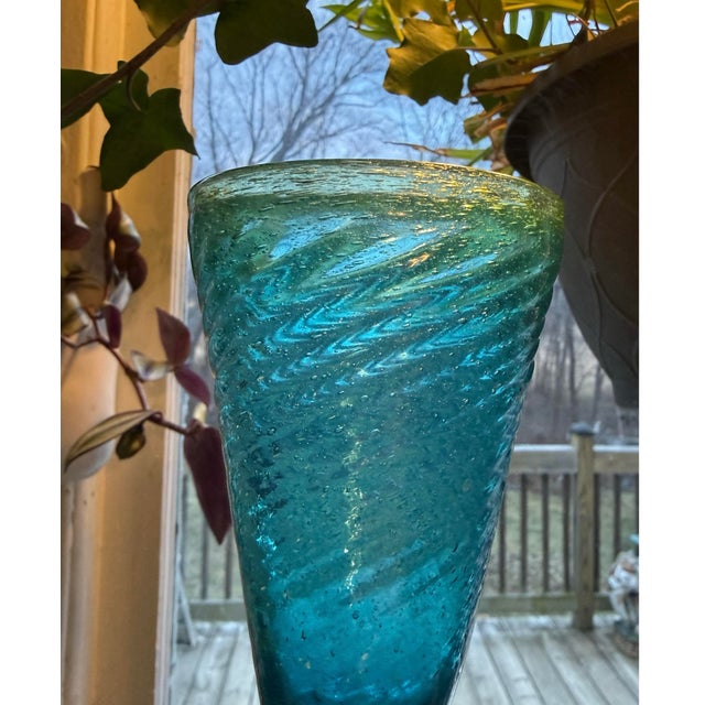 Mexican Vintage Glasses Mexican Hand Blown Blue Green Wine Glass Goblets Swirl Pattern 8.5” - a Pair For Sale - Image 3 of 8