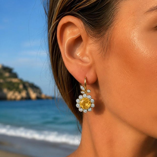 Art Nouveau Citrine Flower and Leaf Drop Earrings, Silver, Gold, Pair For Sale - Image 6 of 6