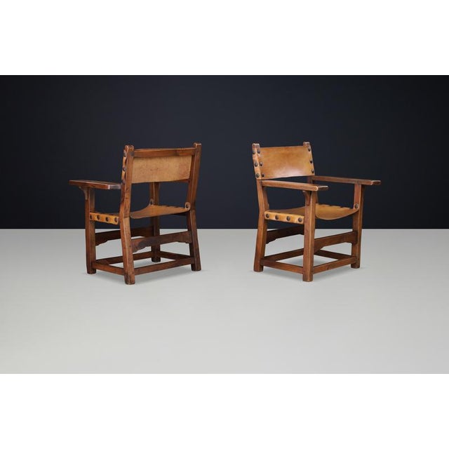 1950s Spanish Beechwood Armchairs with Patinated Cognac Leather, 1950s, Set of 2 For Sale - Image 5 of 10