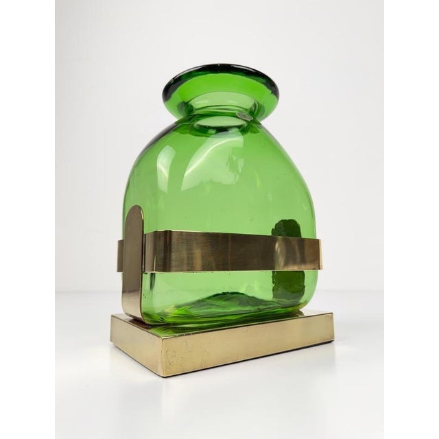 Mid-Century Modern Empoli Green Glass Vase with Brass Pedestal, Italy, 1970s For Sale - Image 11 of 18