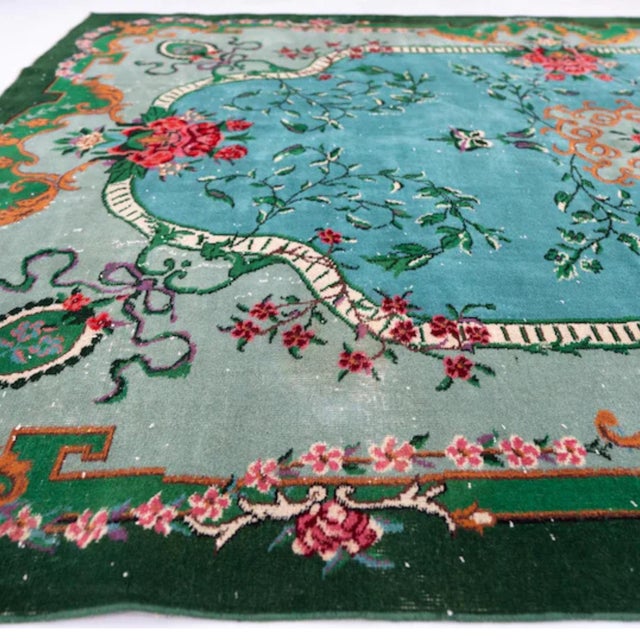 1960s Vintage 1960s Turkish Sparta Savonnerie Rug, Teal Blue & Emerald Green With Roses – 6'8" X 9'9" For Sale - Image 5 of 12