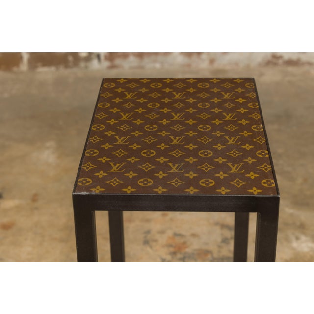 Leather Louis Vuitton Top Small Side Table with Custom Metal Base and Stretchers For Sale - Image 12 of 12