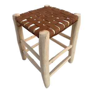 Contemporary Moroccan Handmade Brown Leather and Wood Stool