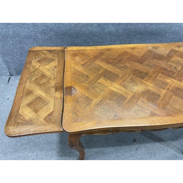 Antique French Provincial Draw Leaf Dining Table | Parquet Oak Louis XV Farmhouse (Circa 1870) For Sale - Image 6 of 9