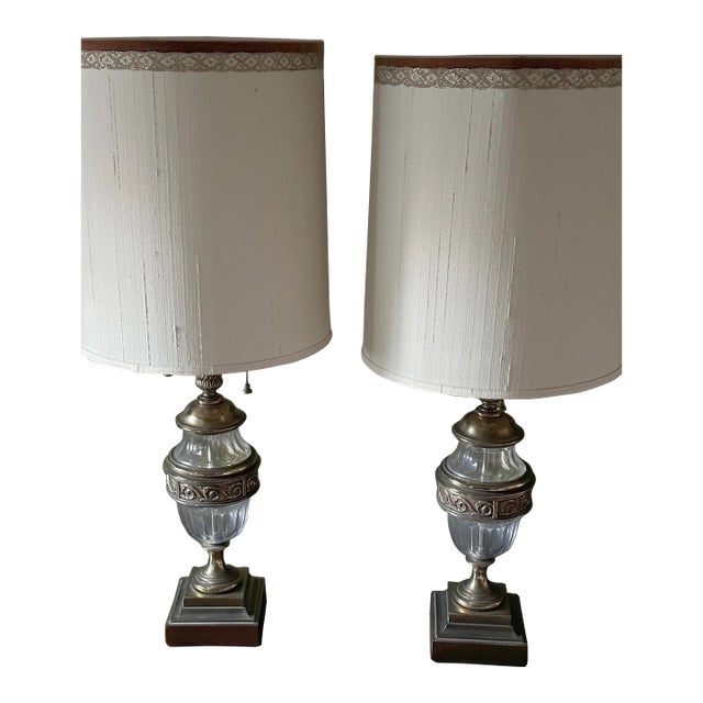 Pair of 1940s Stiffel Hollywood Regency Brass & Glass Table Lamps For Sale