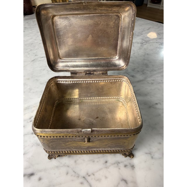 Vintage Brass Engraved Jewelry Casket With Claw Feet For Sale In Milwaukee - Image 6 of 7