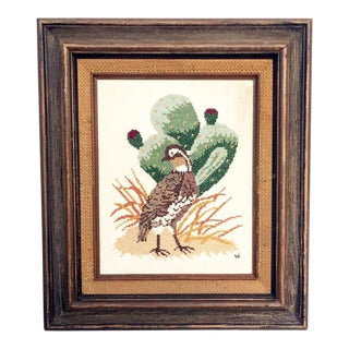 Vintage Framed Bird & Cactus Cross Stitch Wall Hanging For Sale