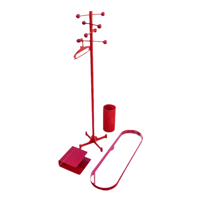 Hallway Coat Rack with Mirror, Storage and Umbrella Stand in Red, 1970s, Set of 4 For Sale