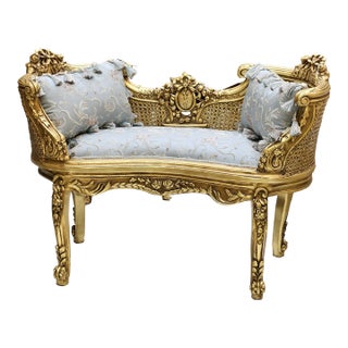 French Style Bench White Damask Gold Details For Sale