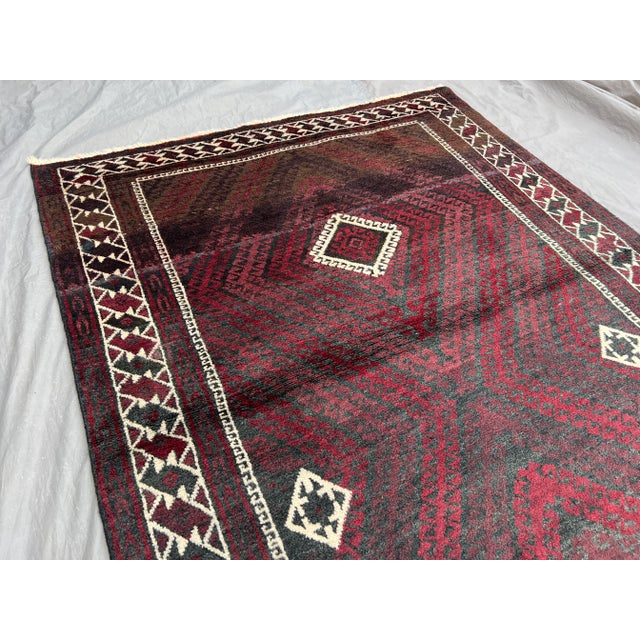 Vintage Afghan Baluchi Hand-Knotted Wool Runner | Deep Burgundy & Ivory Tribal Diamond Rug For Sale - Image 4 of 10