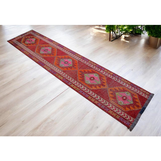Textile 1960s Turkish Runner Rug. Hand-Knotted Tribal Red, Pink Color Hallway Rug, Kitchen Decor - 2′10" × 12′1" For Sale - Image 7 of 16