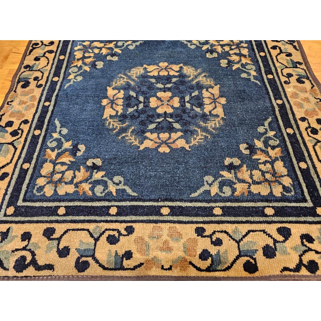 Tan 19th Century Chinese Peking Area Rug, Floral & Bird Motifs,Tan & Blue, 3' x 3' For Sale - Image 8 of 9