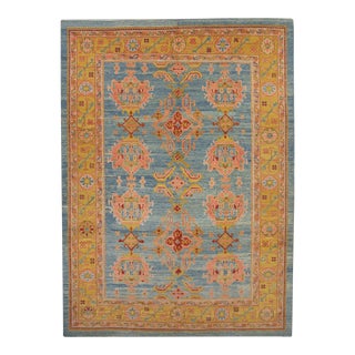 Blue Multicolor Handwoven Turkish Oushak Rug 10'5" X 14'1" For Sale