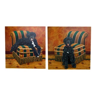 Pair of Large Original Oil Portraits of a Portuguese Water Dog on a Striped Bergère For Sale
