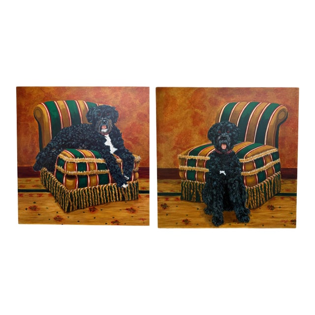 Pair of Large Original Oil Portraits of a Portuguese Water Dog on a Striped Bergère For Sale