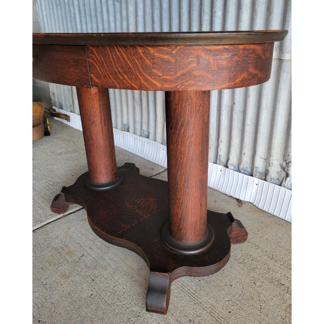 Brown Antique Oval Library Table Tiger Oak With Column Base Circa. 1890 For Sale - Image 8 of 13