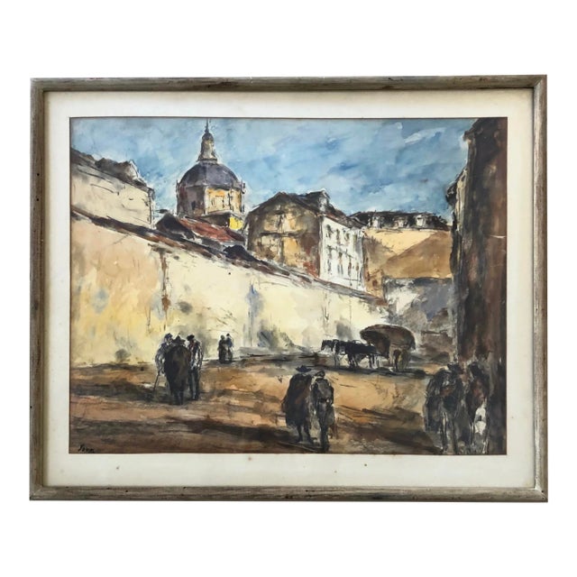 C.1950 Arturo Souto Feijoo (1901-1964) City Walls W/ Figures Original Mixed Media For Sale
