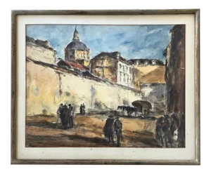 C.1950 Arturo Souto Feijoo (1901-1964) City Walls W/ Figures Original Mixed Media