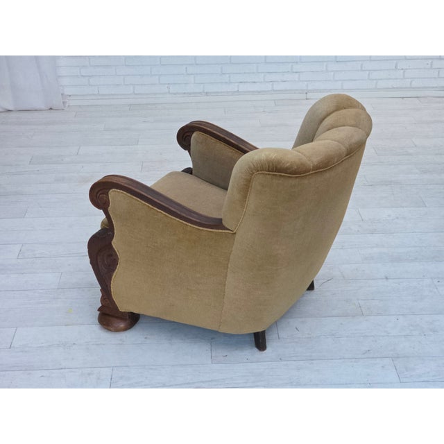 1950s Danish Armchair in Green Furniture Velour and Carved Oak Wood, 1960s For Sale - Image 5 of 15