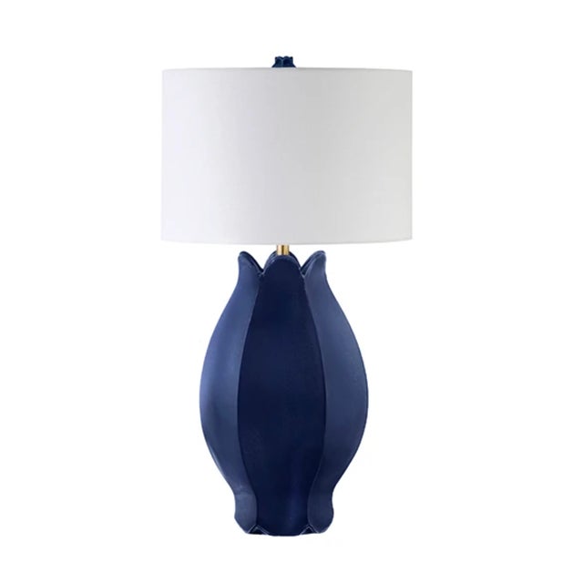 Contemporary Matthew Izzo Home Mae Matte Navy Blue Glaze Ceramic Table Lamp With Shade and Ceramic Finial For Sale - Image 3 of 6