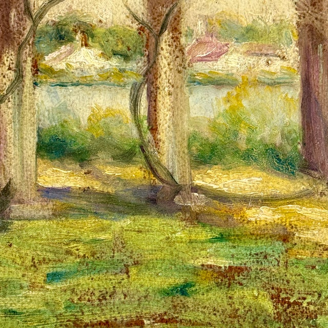 Early 20th Century Joyous Original O/B Post Impressionist Painting of Scenic River Scene With Vine Covered Pergola For Sale - Image 4 of 10