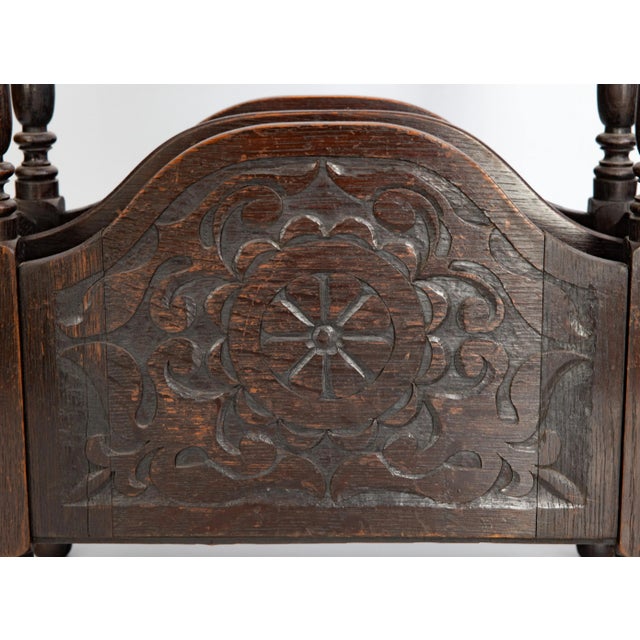 Antique English Carved Oak Library Book Trough and Magazine Rack Stand For Sale - Image 10 of 11