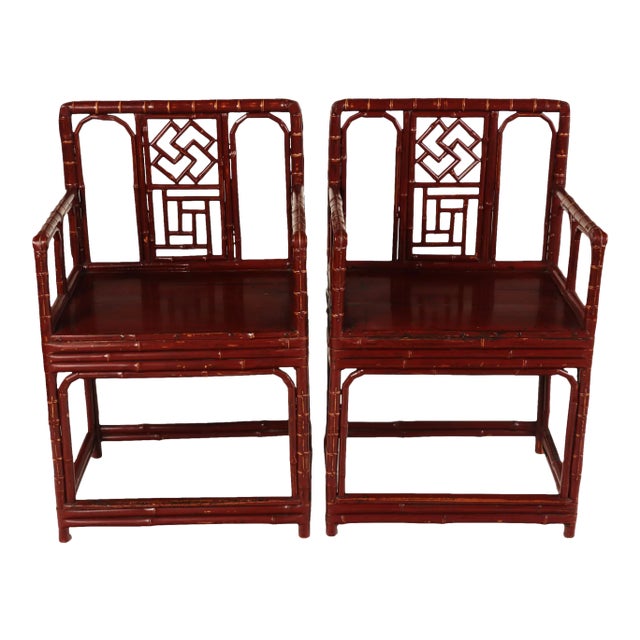 Early 20th Century Chinese Brighton Pavilion-Style Bamboo Armchairs- a Pair For Sale