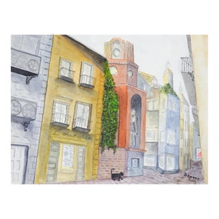 Late 20th Century Continental Cityscape With Black Cat Watercolor Painting For Sale