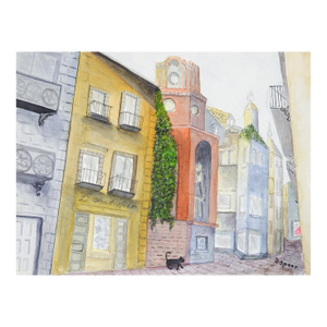 Late 20th Century Continental Cityscape With Black Cat Watercolor Painting