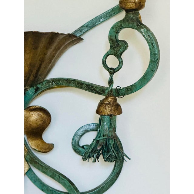Metal Single 2 Bulb Tole Toleware Italian Gilt and Verdigris Sconce , Italy For Sale - Image 7 of 11