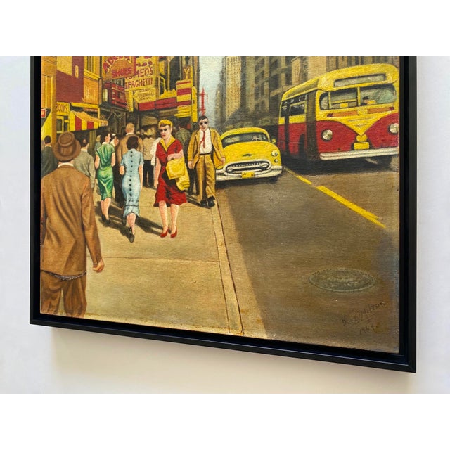 Dave Milton Vintage 1959 Mid Century Modern Edward Hopper Style " 42nd Street and Fifth Avenue, New York City " Framed Original Realist Oil Painting For Sale - Image 16 of 18